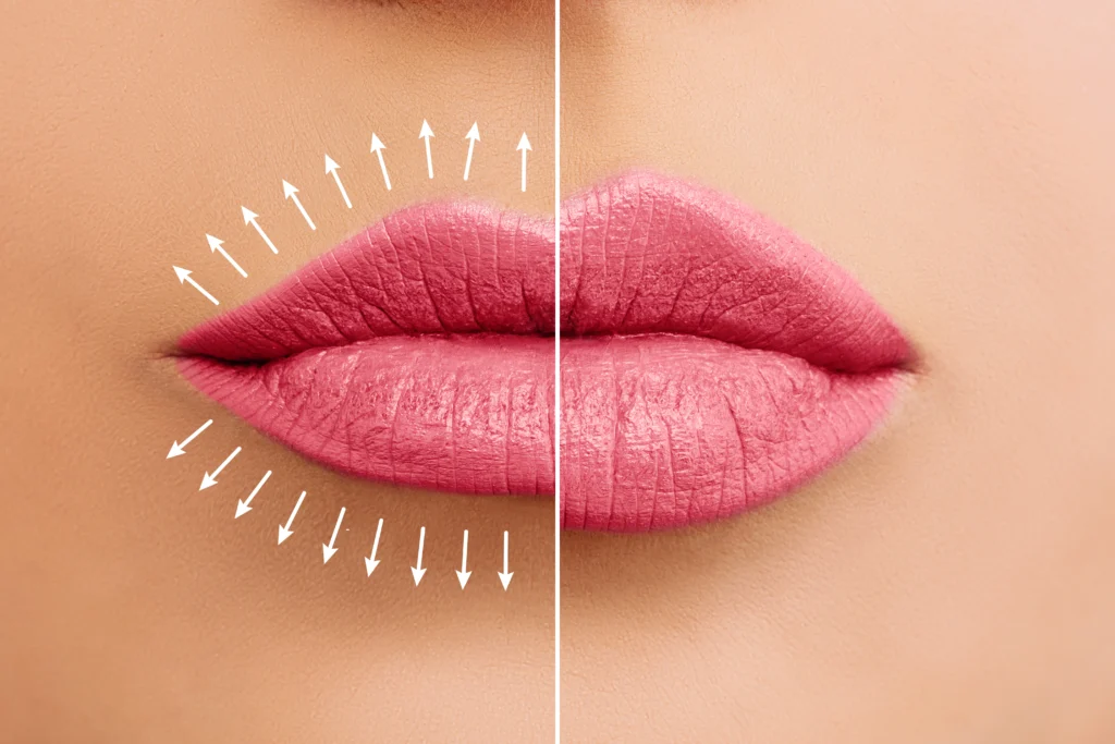 The image shows a close-up of lips with a split-screen effect, illustrating the benefits of lip coloring treatment.