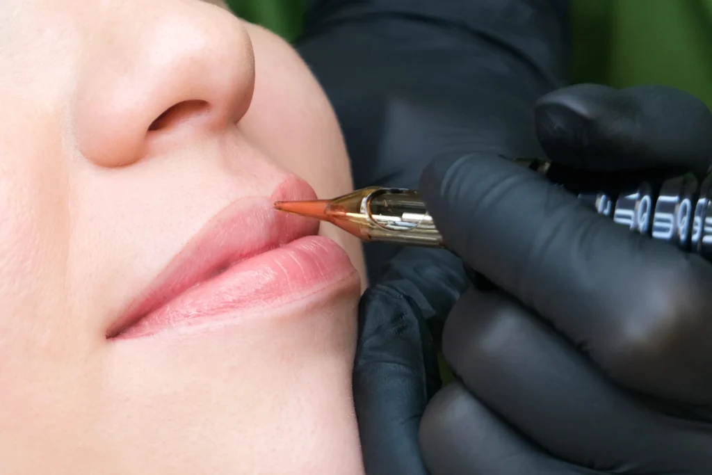 The image showcases a close-up of a person undergoing a lip color correction procedure.