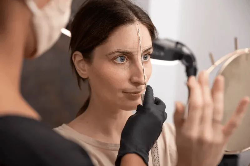 The image depicts a detailed aspect of the microblading process, where precise measurements are being taken to ensure the symmetry and placement of the eyebrows before the actual microblading begins.