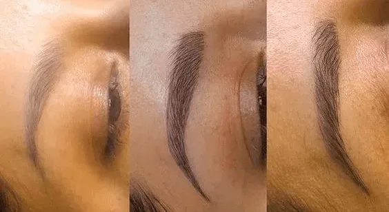The image showcases the progression of the eyebrow healing process after a microblading procedure