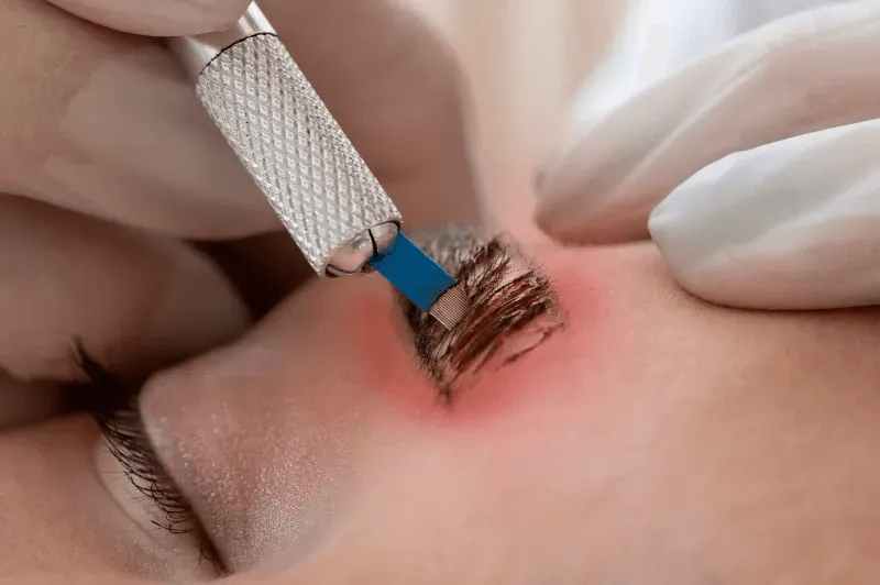 The image shows a close-up of an eyebrow tattooing procedure