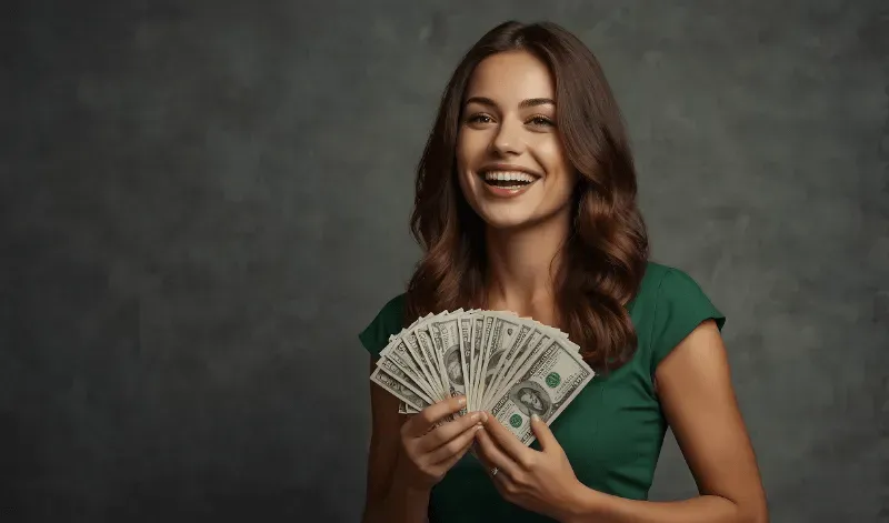 This image shows a smiling woman holding a cash, representing financial success or investment.